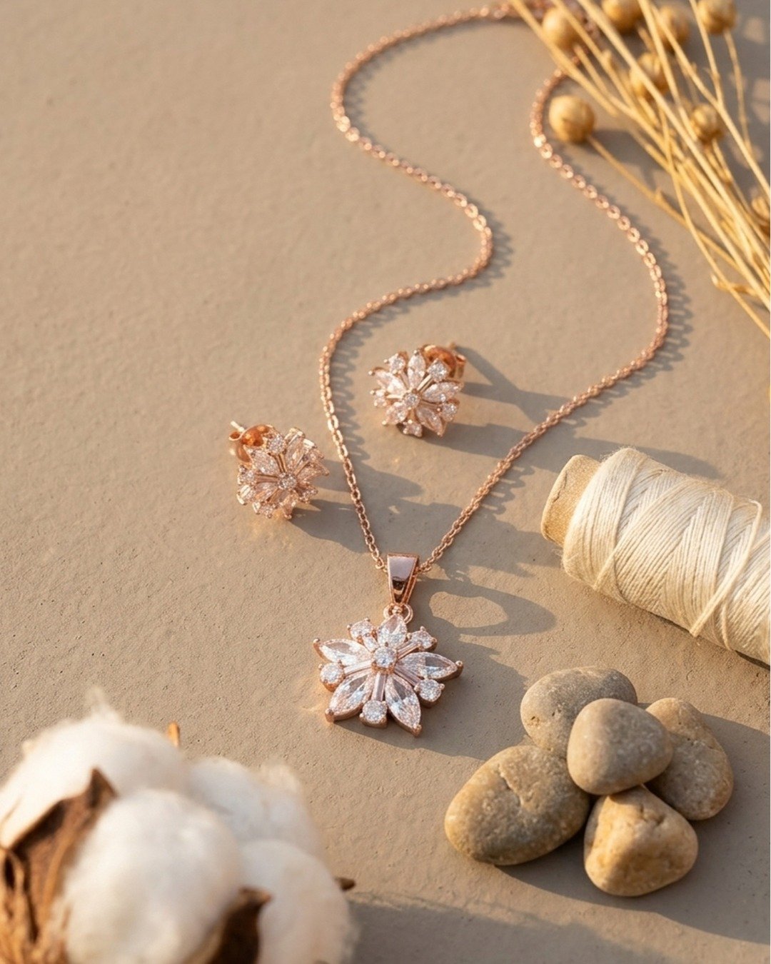Rose Gold Crystal Bloom Pendant Set – 925 Sterling Silver