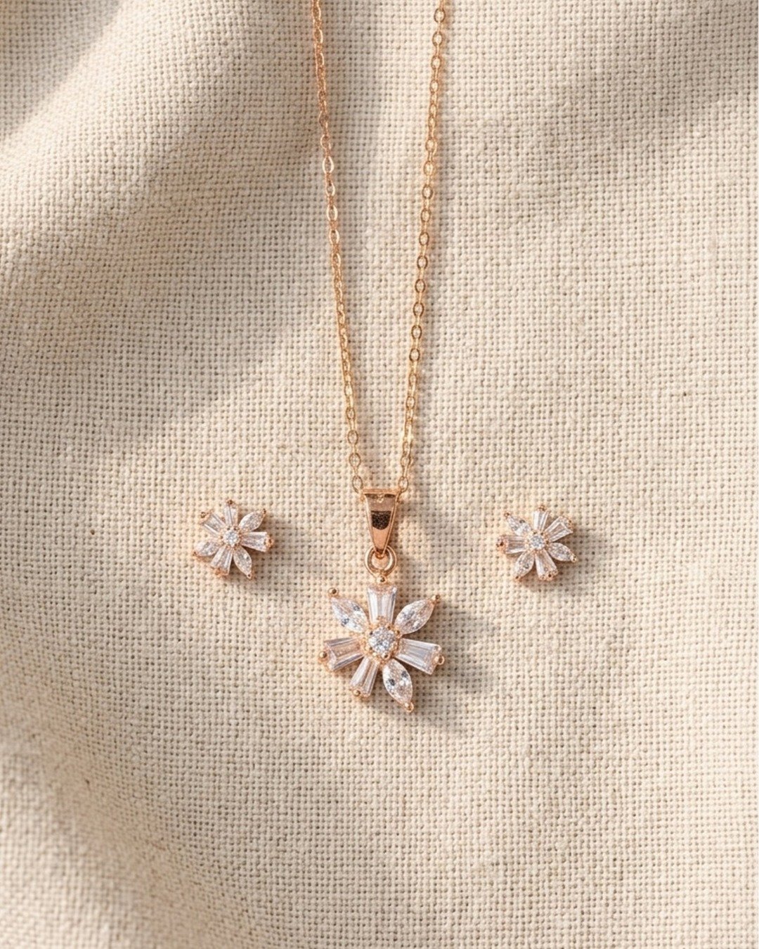 Rose Gold Radiant Flower Pendant Set – 925 Sterling Silver