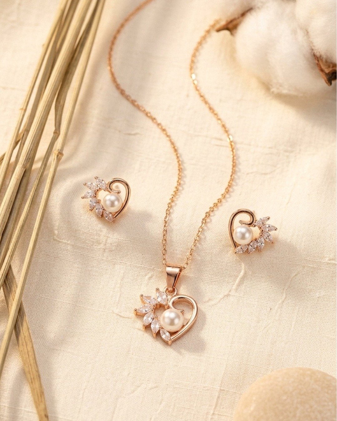 Rose Gold Pearl Heart Pendant Set – 925 Sterling Silver