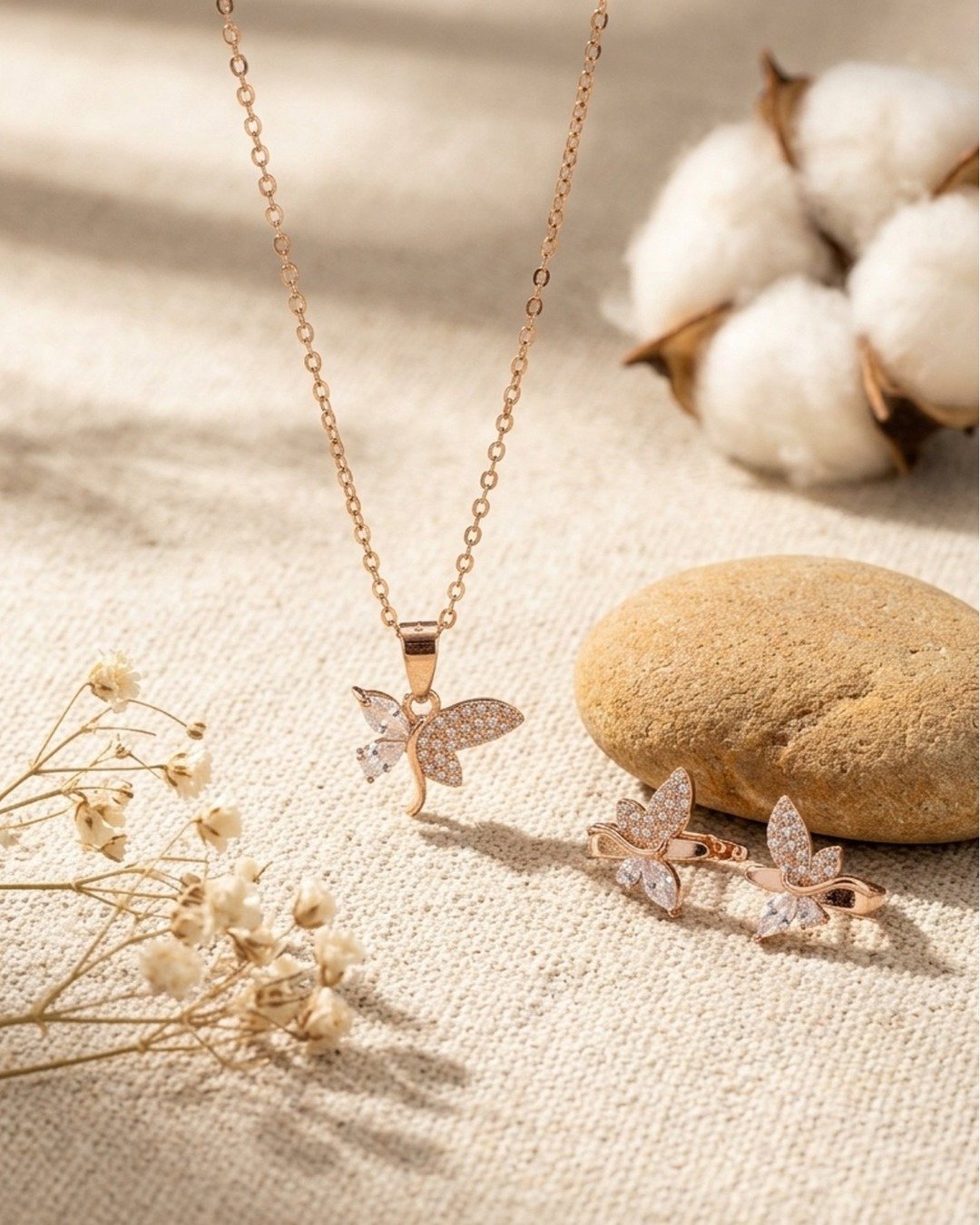 Rose Gold Elegant Butterfly Drop Pendant Set – 925 Sterling Silver