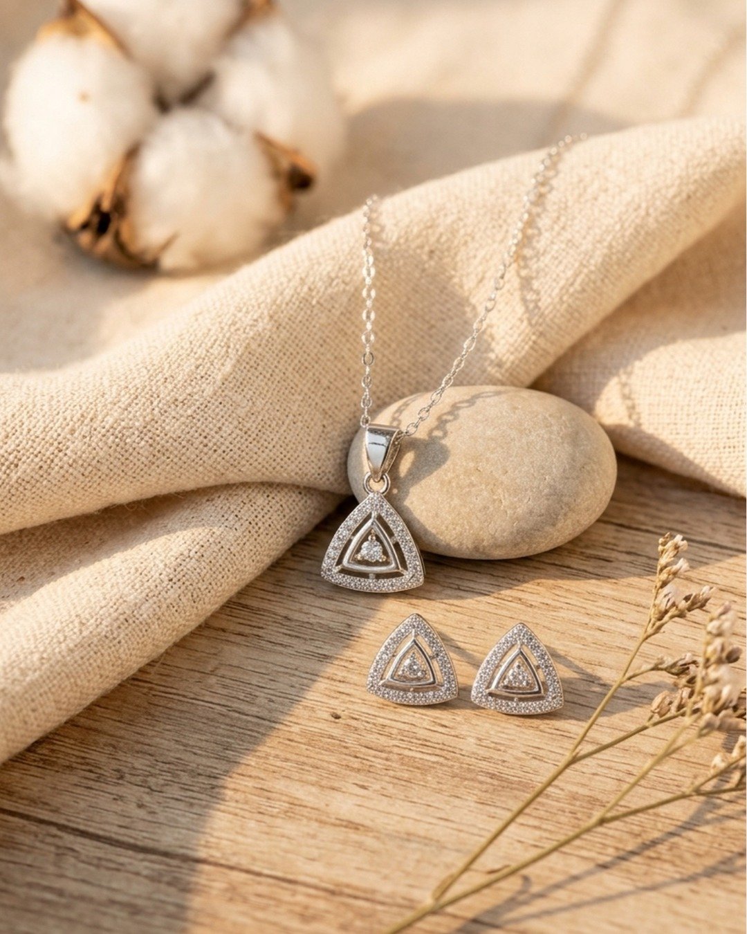 Elegant Triangle Crystal Pendant Set – 925 Sterling Silver