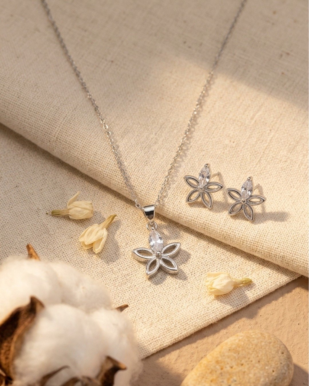 Floral Petal Crystal Pendant Set – 925 Sterling Silver