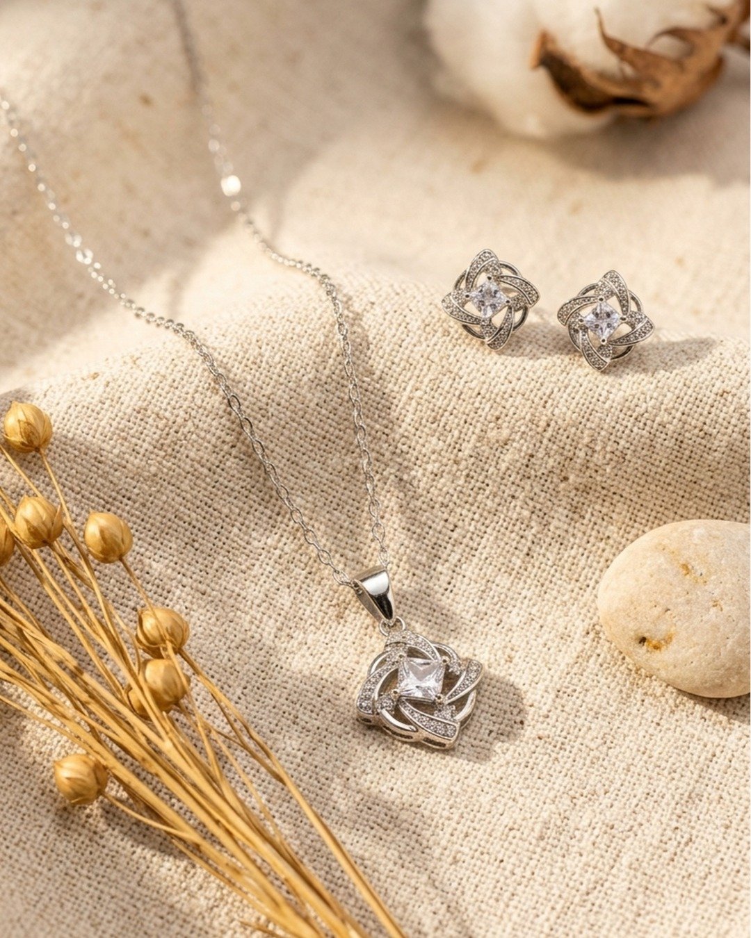 Elegant Twisted Crystal Pendant Set – 925 Sterling Silver