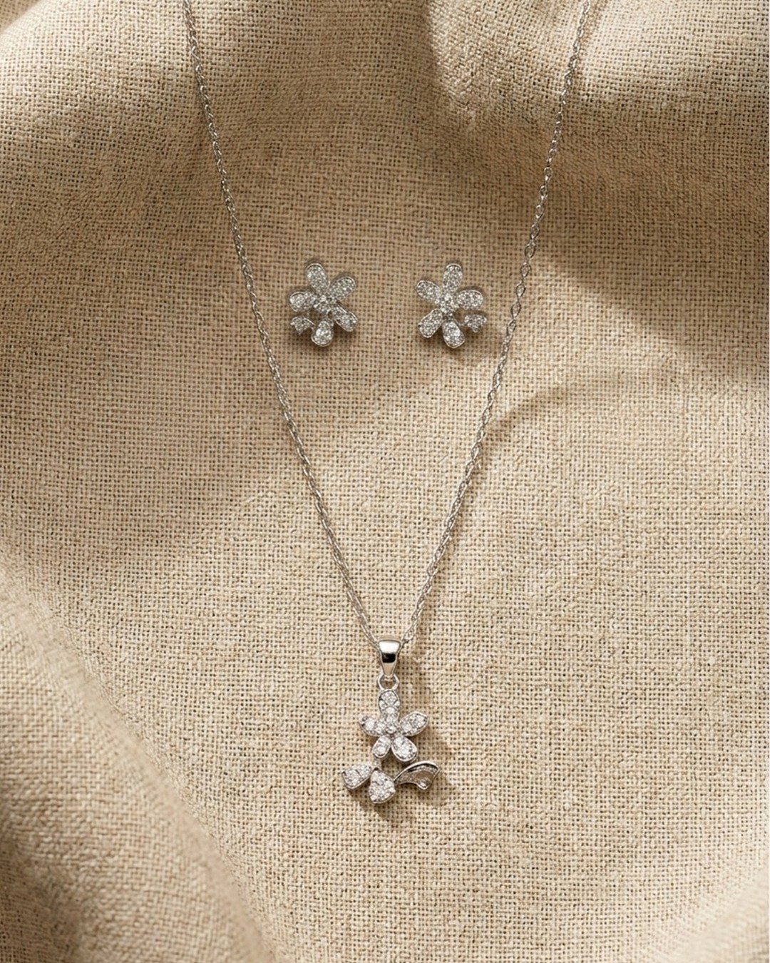 Floral Drop Crystal Pendant Set – 925 Sterling Silver