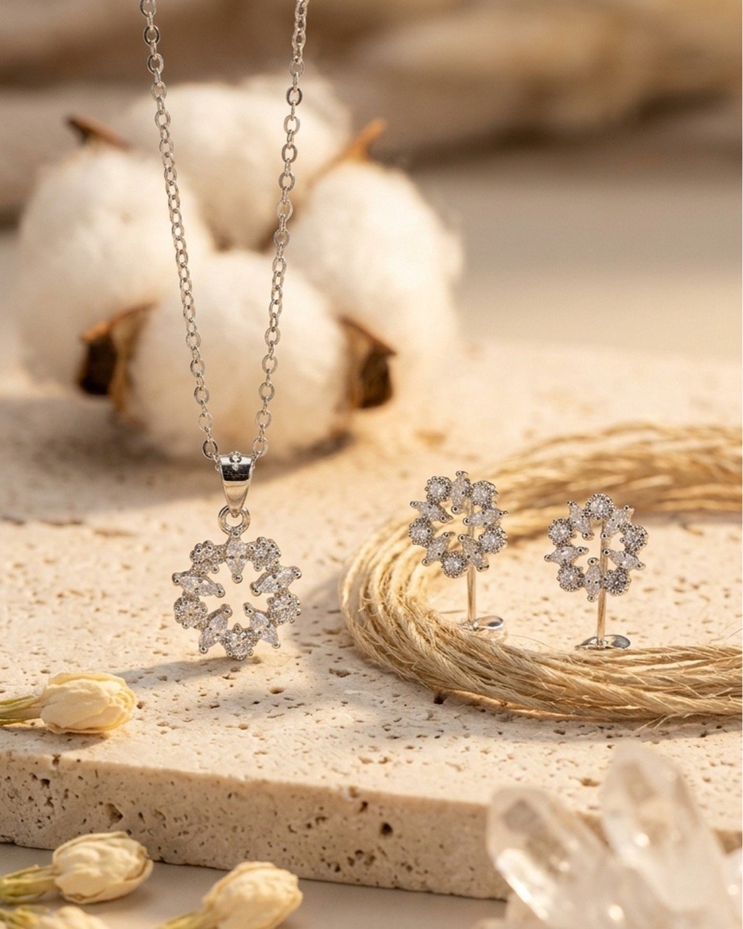 Classic Crystal Halo Pendant Set – 925 Sterling Silver