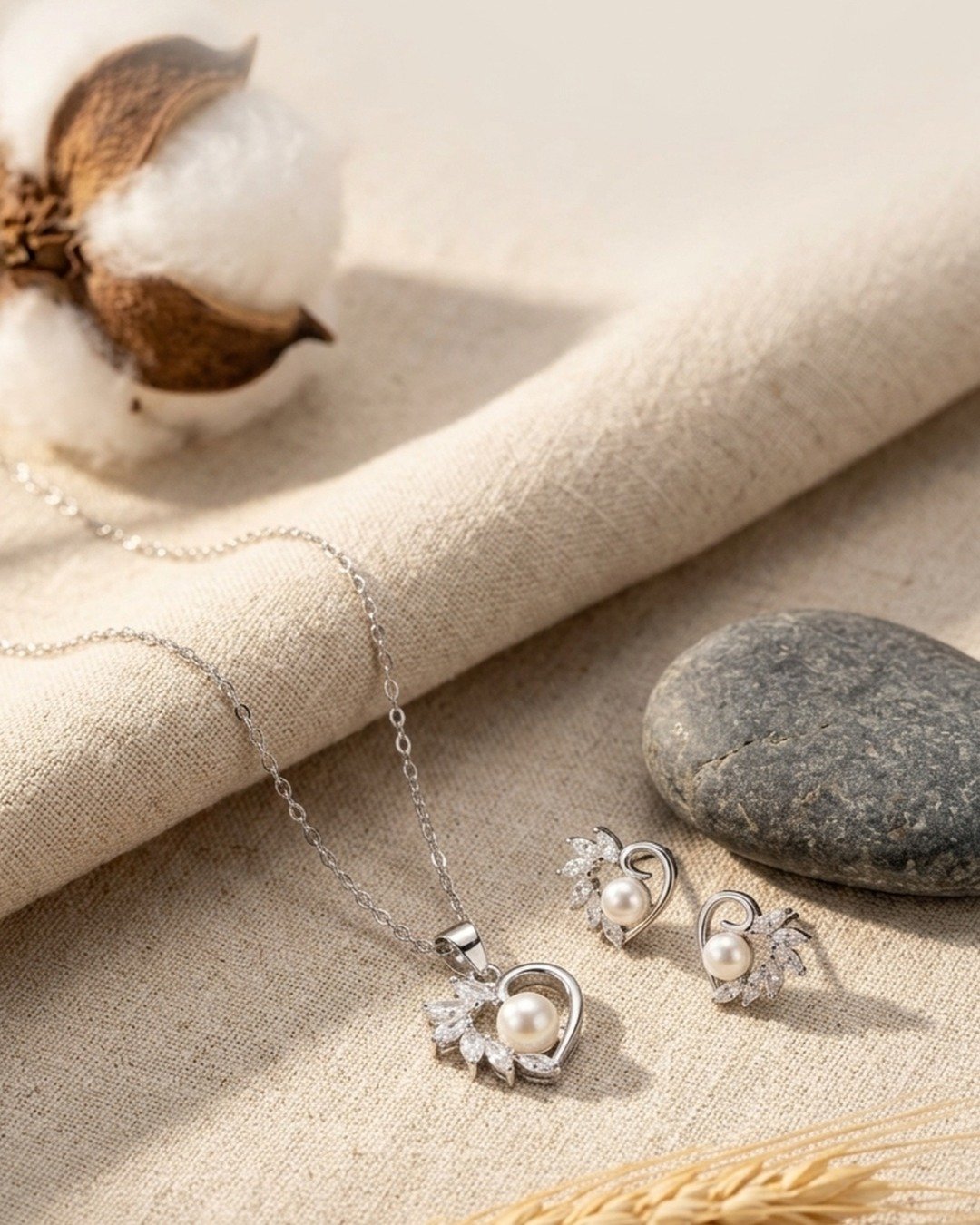 Pearl Heart Floral Pendant Set – 925 Sterling Silver