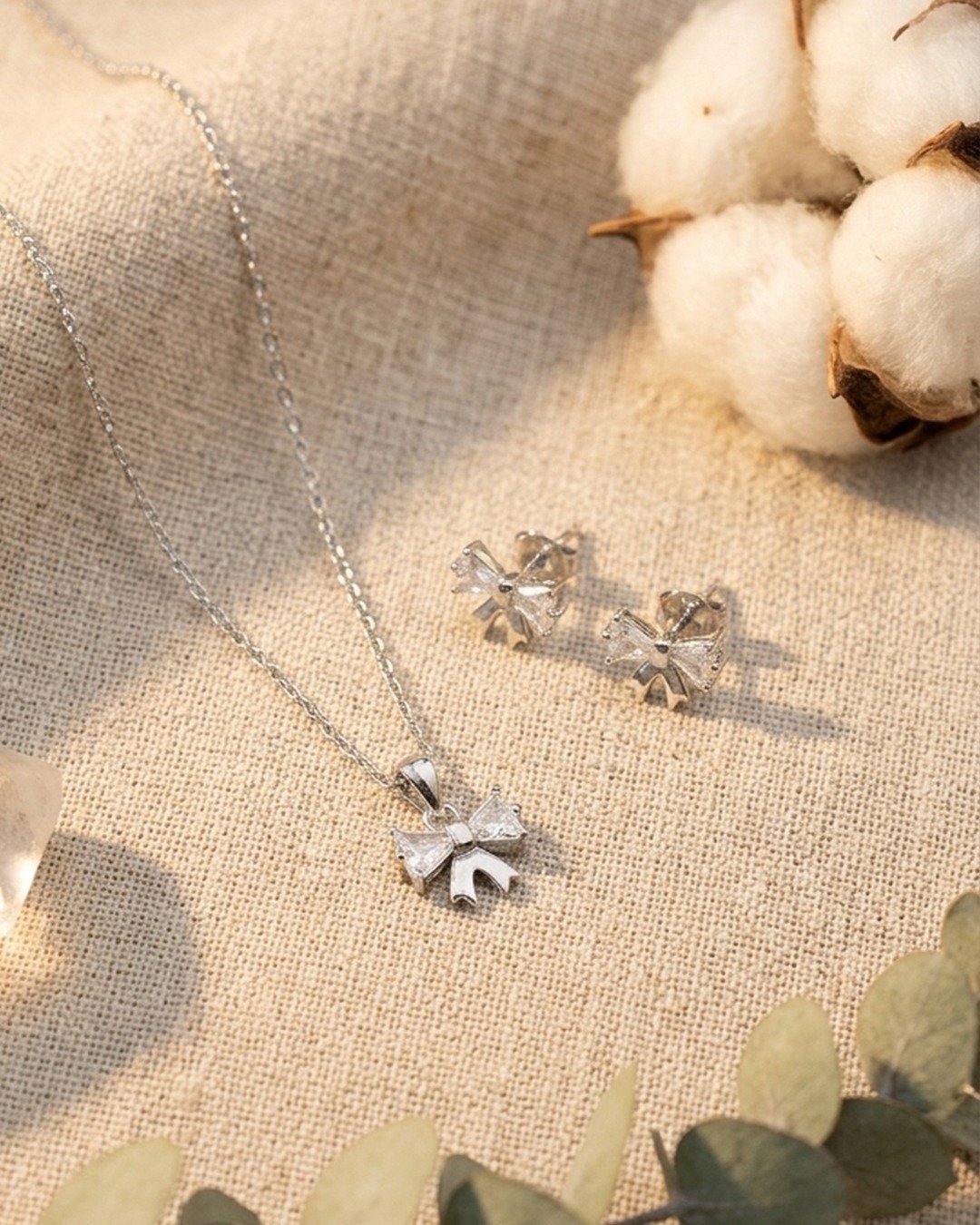 Delicate Crystal Bow Pendant Set – 925 Sterling Silver