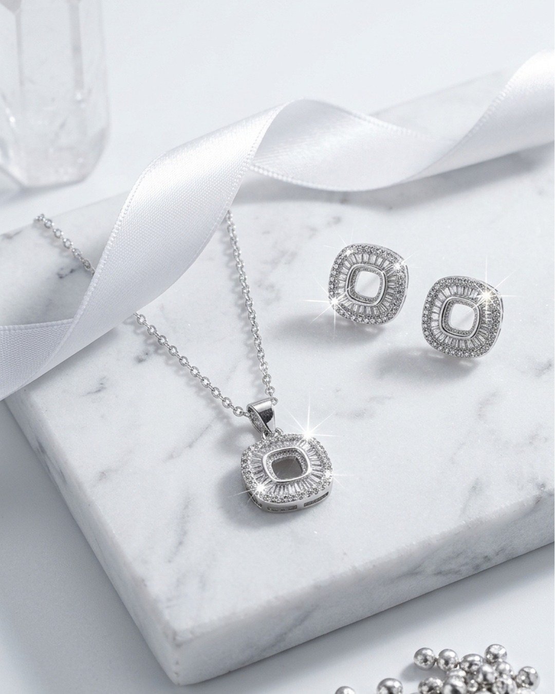 Radiant Cushion Halo Pendant Set – 925 Sterling Silver — view 4