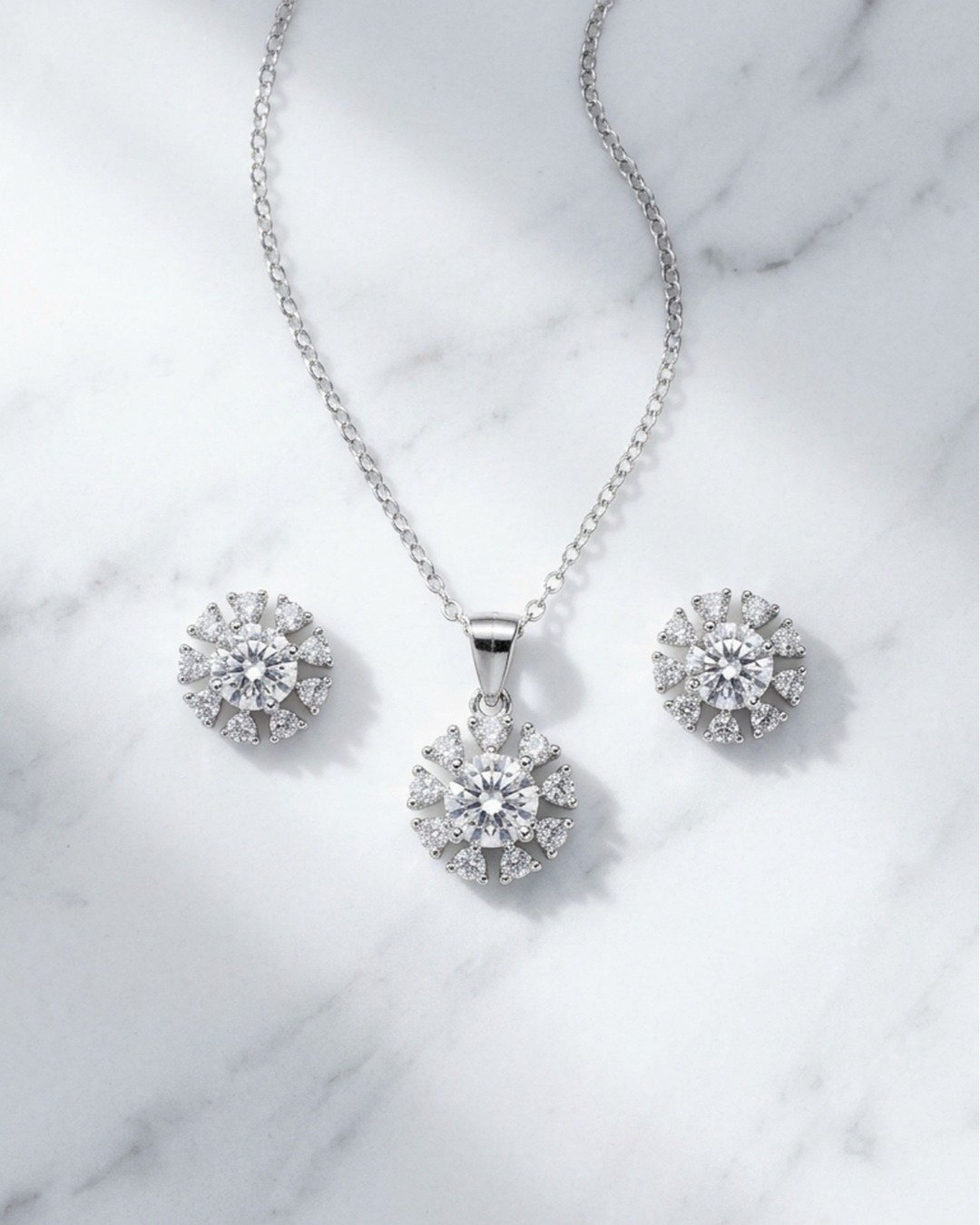 Radiant Sunburst Crystal Pendant Set – 925 Sterling Silver