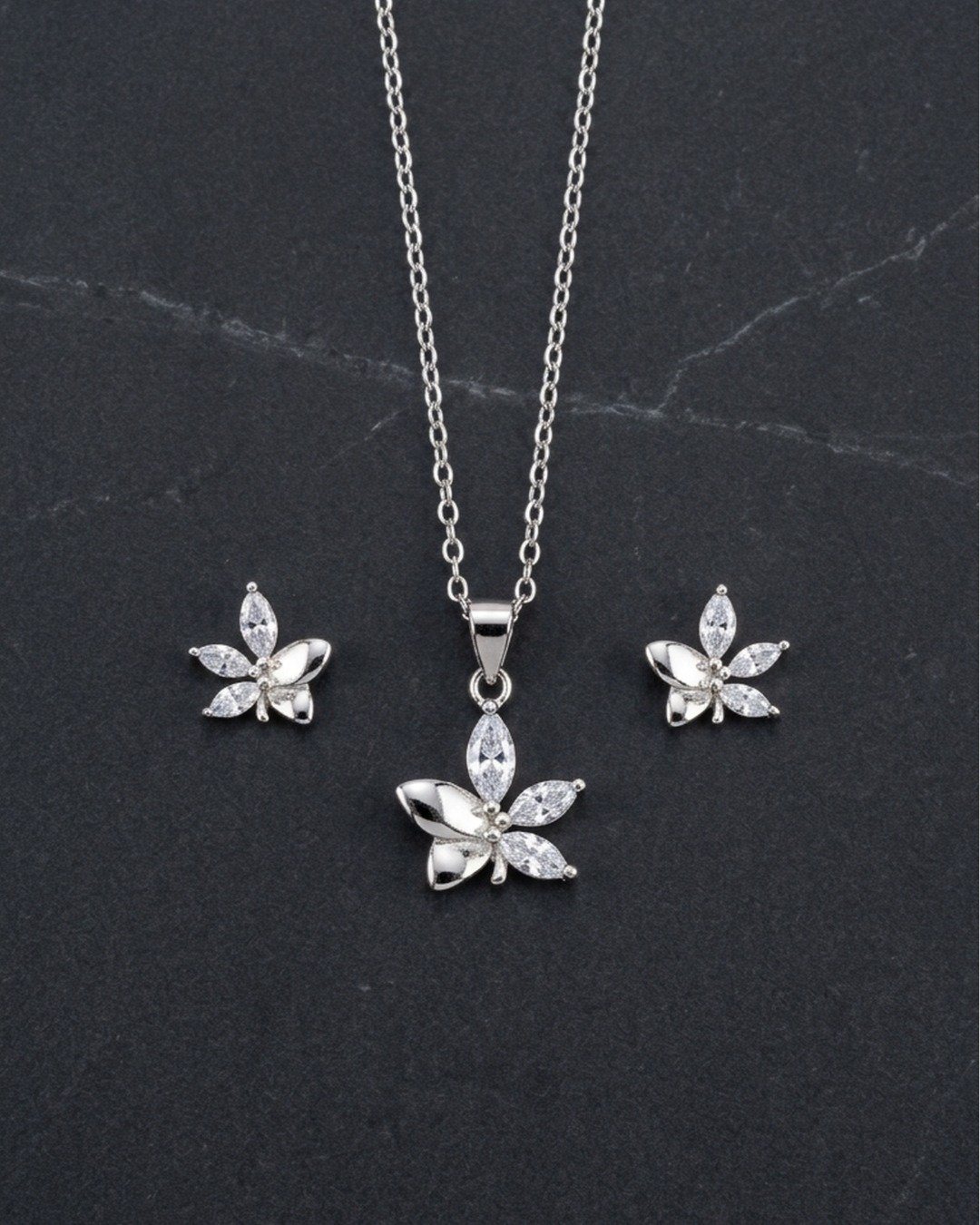 Elegant Floral Crystal Pendant Set – 925 Sterling Silver