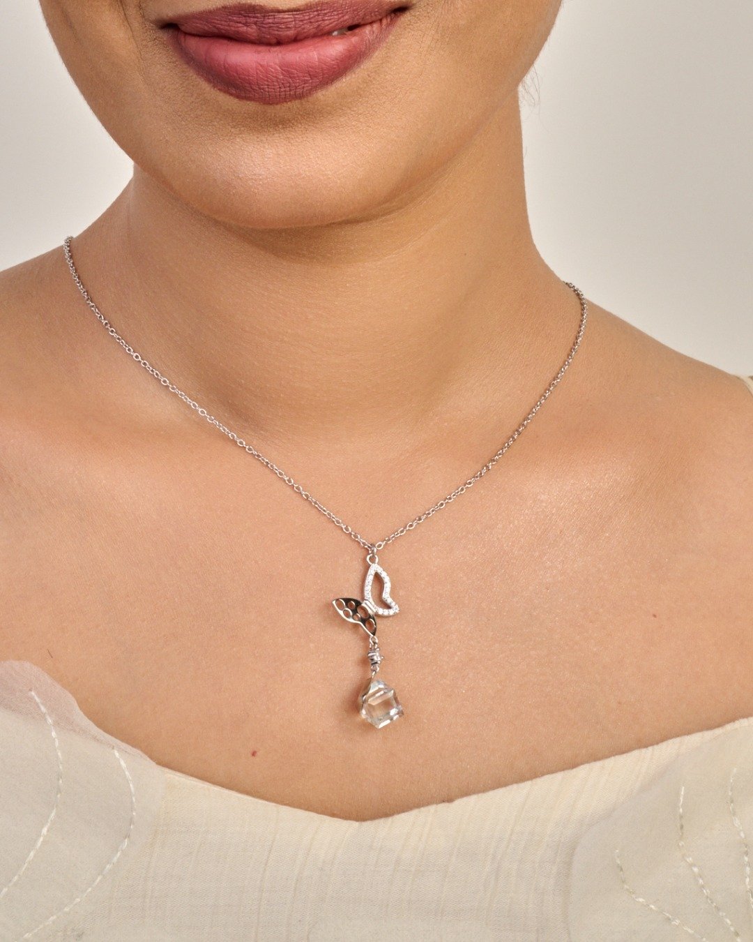 Butterfly Drift Crystal Drop Necklace Set – 925 Sterling Silver — view 3