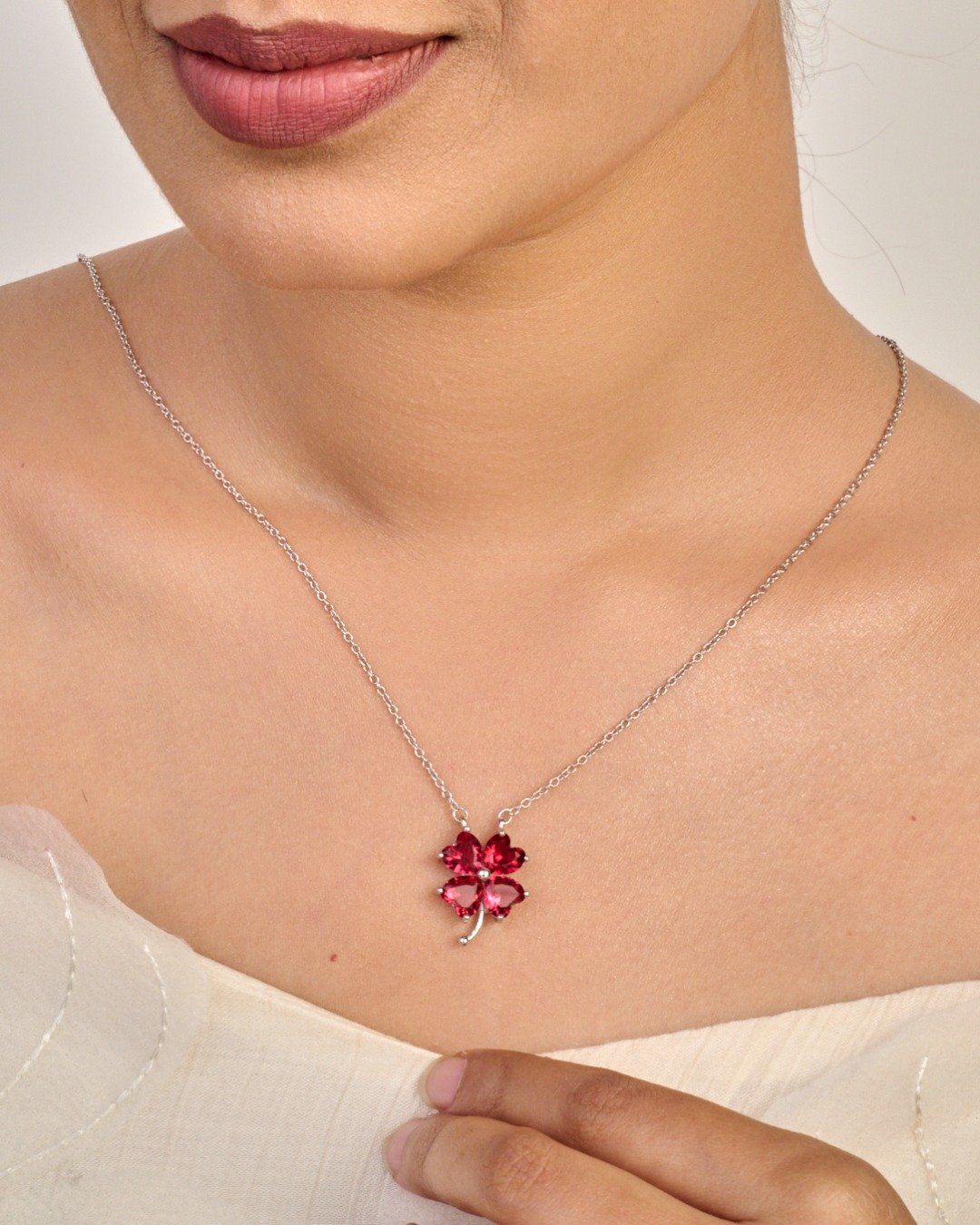 Ruby Blossom Clover Pendant Necklace – 925 Sterling Silver — view 3