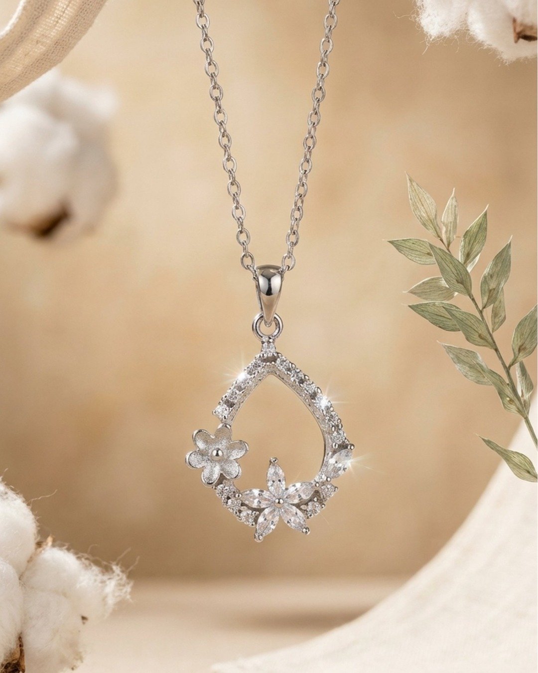 Floral Dewdrop Halo Pendant Necklace Set – 925 Sterling Silver — view 5
