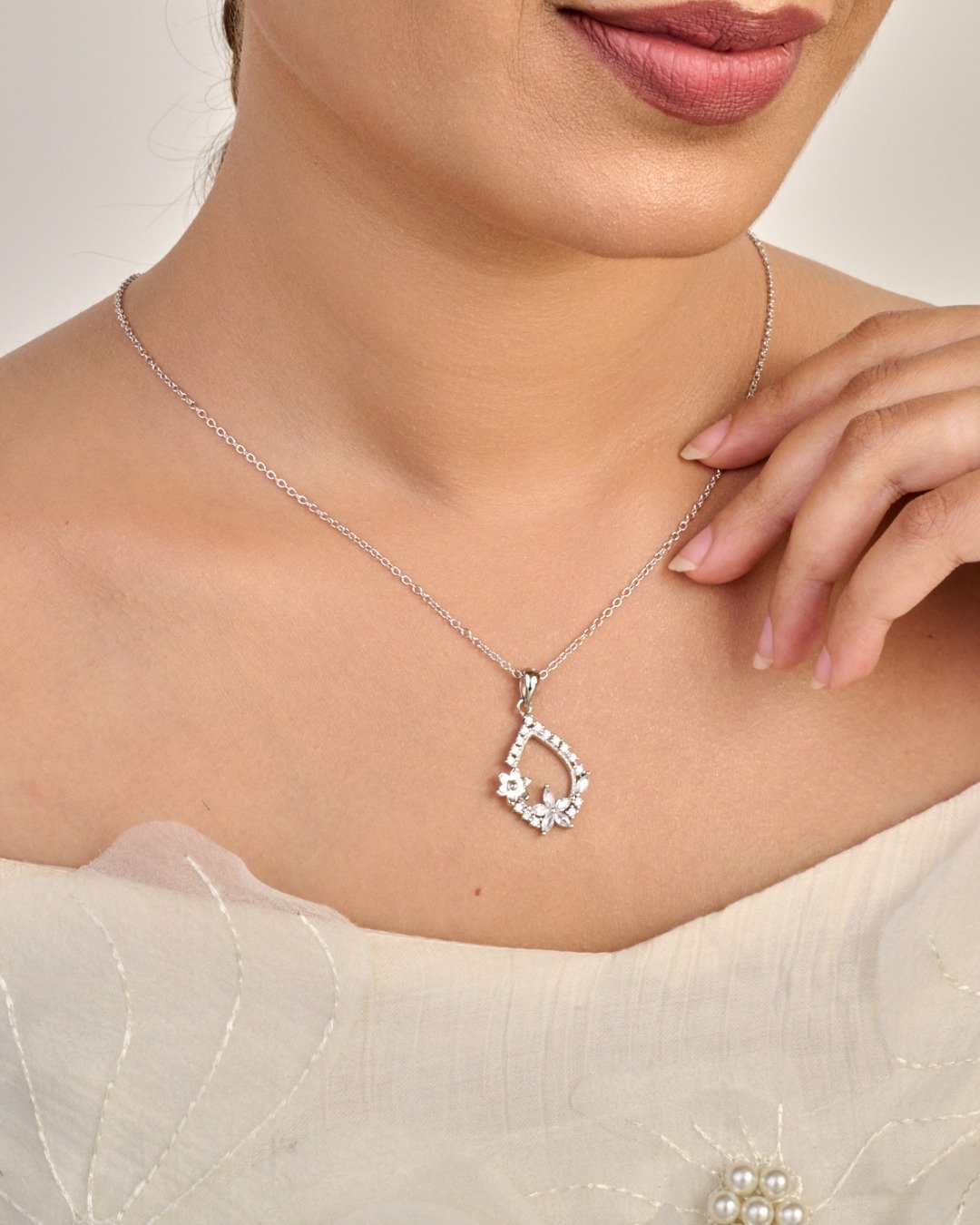 Floral Dewdrop Halo Pendant Necklace Set – 925 Sterling Silver — view 3