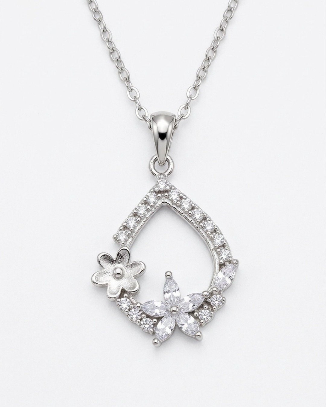 Floral Dewdrop Halo Pendant Necklace Set – 925 Sterling Silver