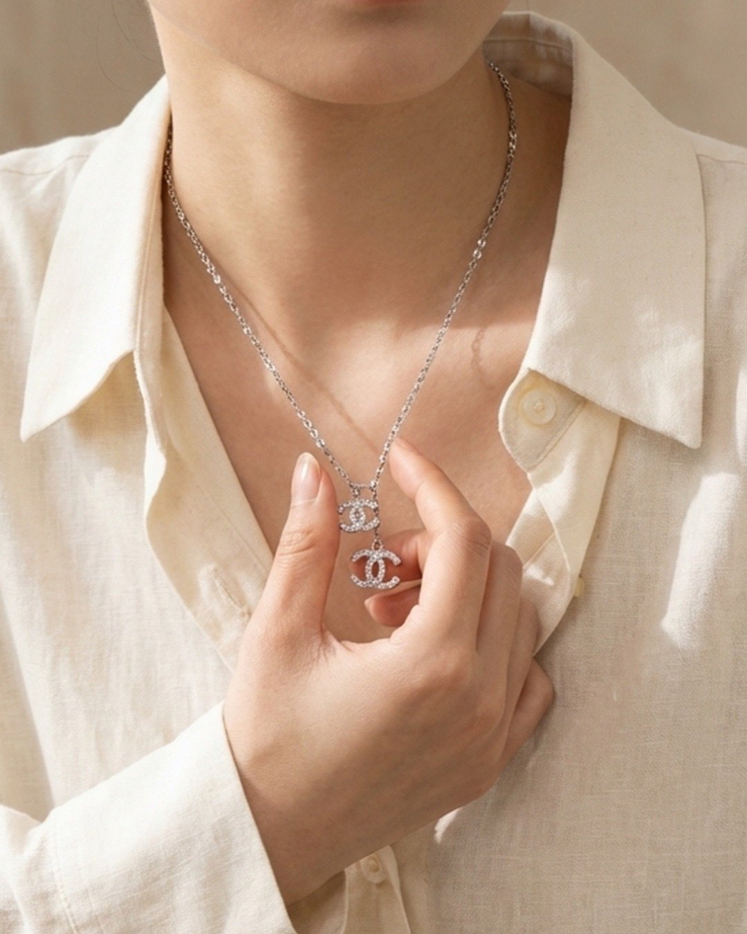 Dual Charm Drop Pendant Necklace Set – 925 Sterling Silver