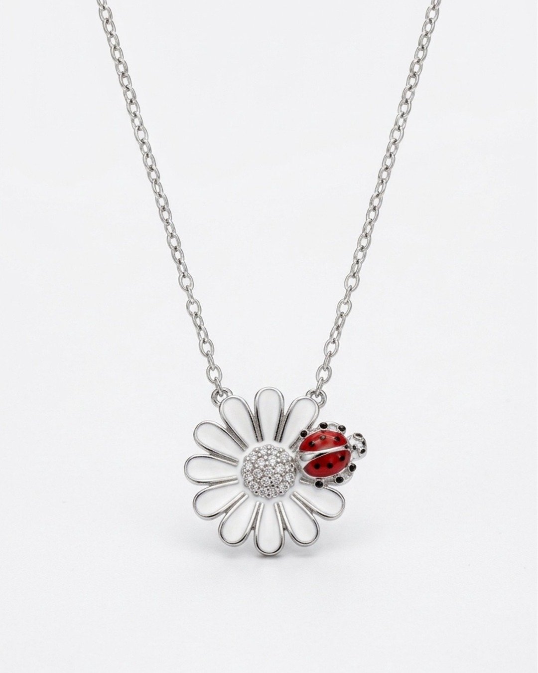 Floral Ladybug Charm Pendant Necklace Set – 925 Sterling Silver