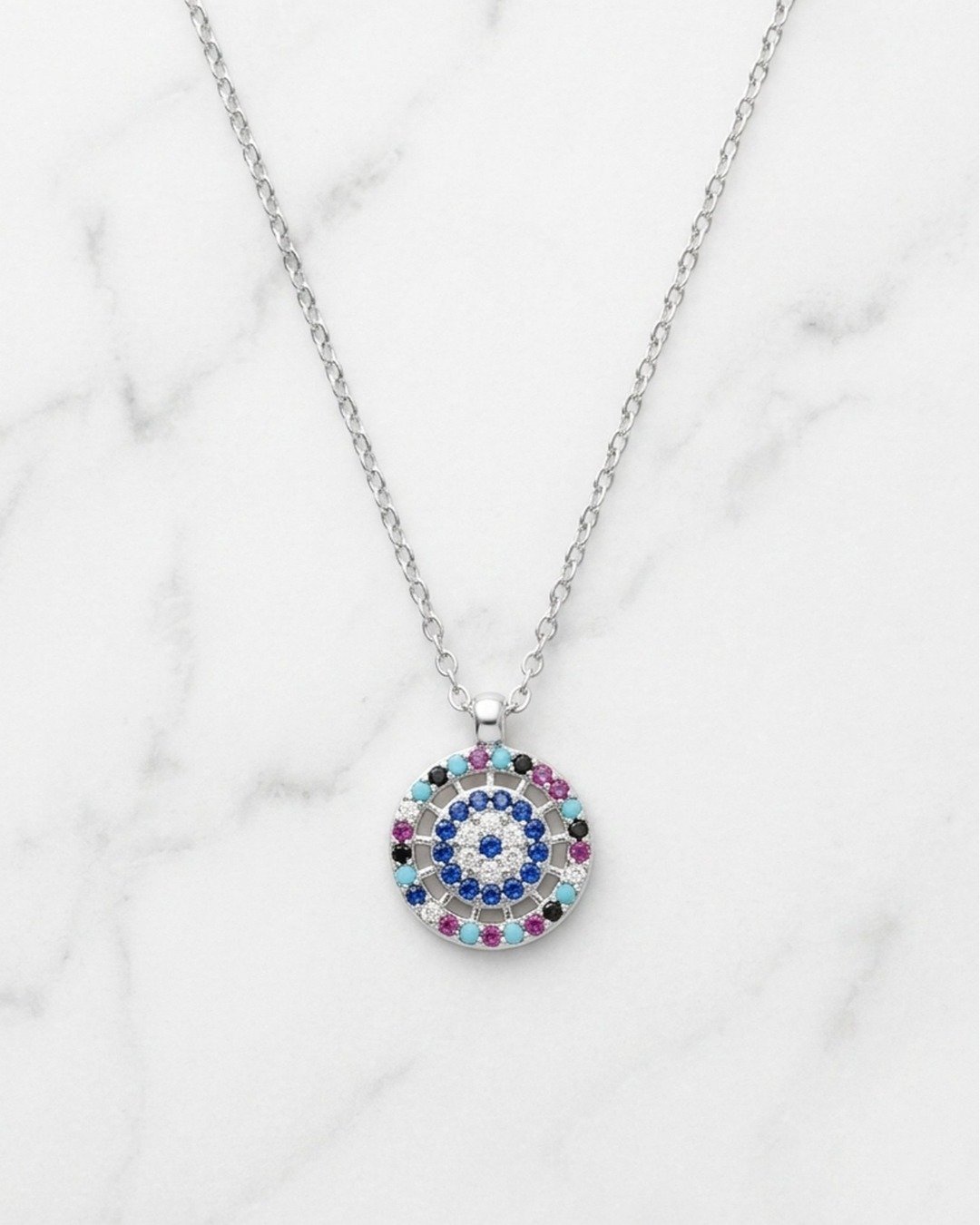 Multicolor Evil Eye Disc Necklace Set – 925 Sterling Silver