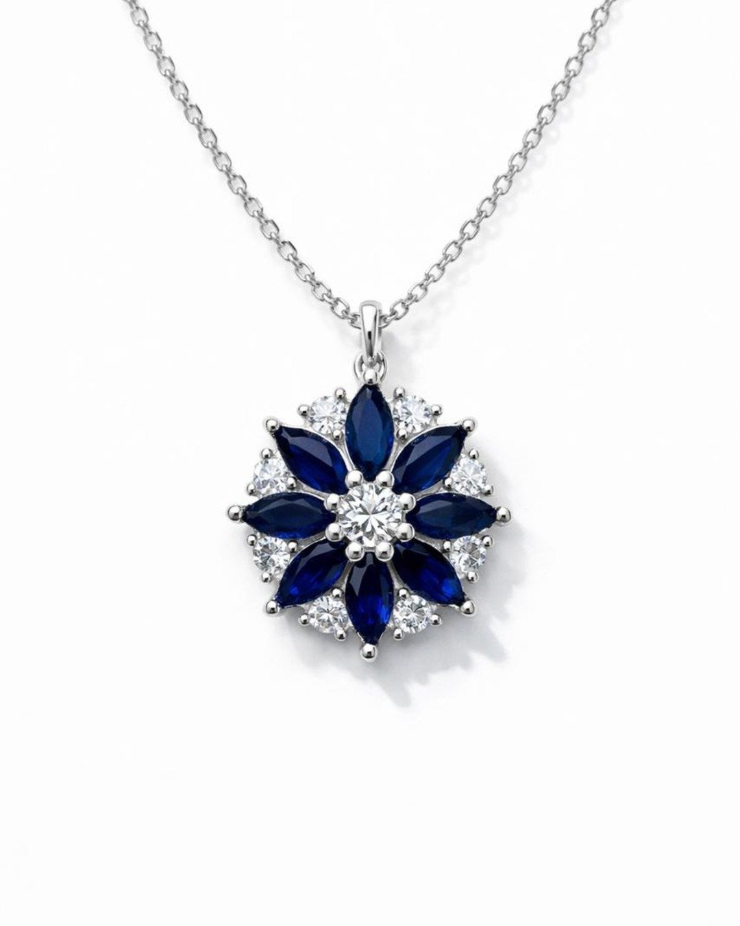 Royal Blue Floral Statement Pendant Necklace – 925 Sterling Silver