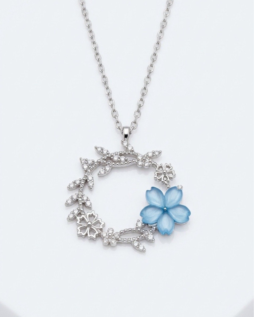 Blue Blossom Wreath Pendant Necklace Set – 925 Sterling Silver