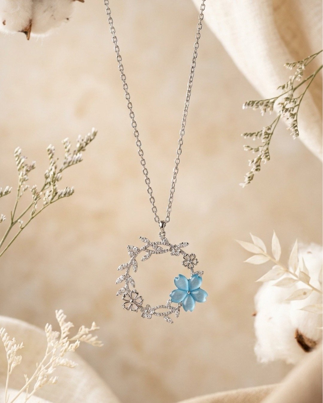 Blue Blossom Wreath Pendant Necklace Set – 925 Sterling Silver — view 4
