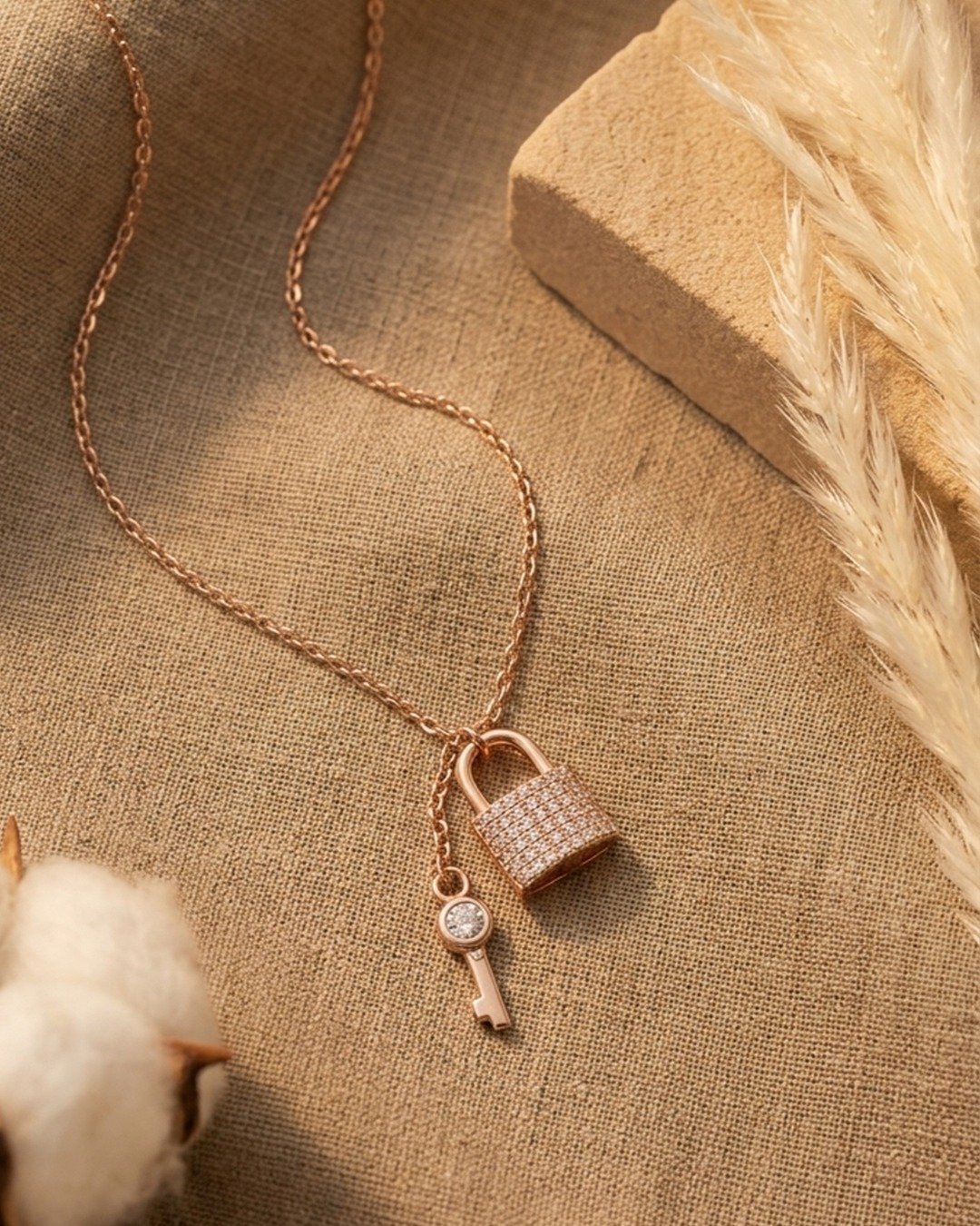 Rose Gold Lock & Key Charm Pendant Necklace – 925 Sterling Silver — view 5