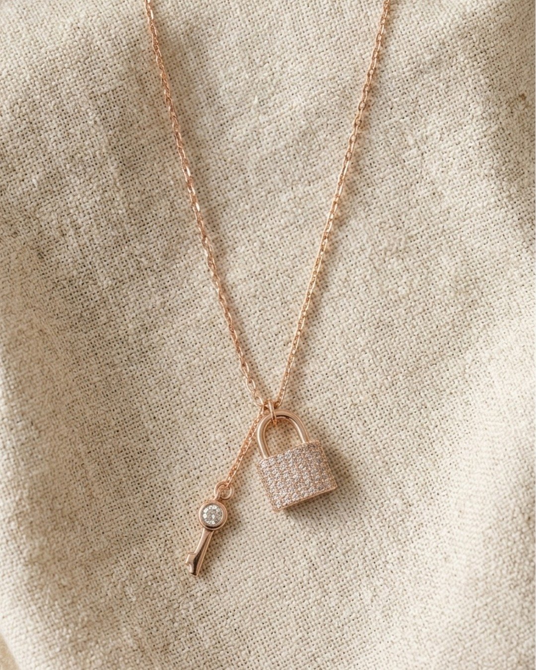 Rose Gold Lock & Key Charm Pendant Necklace – 925 Sterling Silver