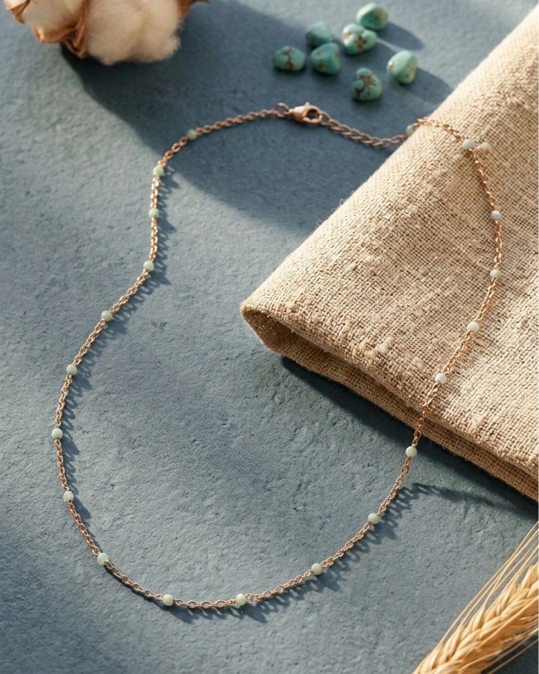 Aqua Beaded Minimal Chain Necklace – 925 Sterling Silver