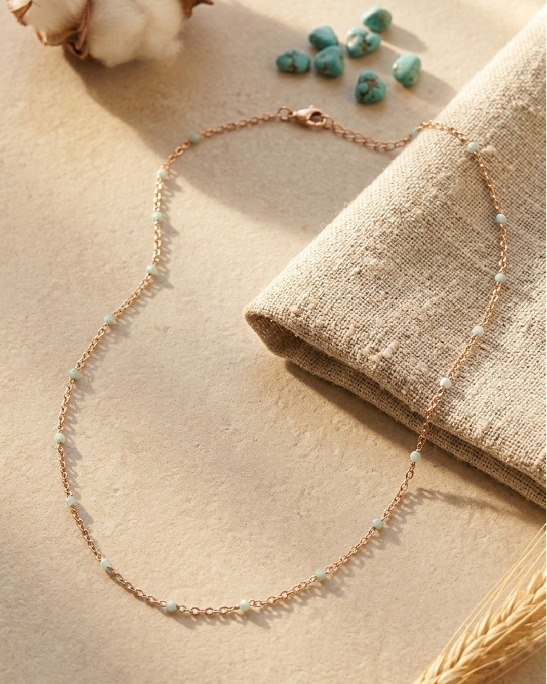 Aqua Beaded Minimal Chain Necklace – 925 Sterling Silver — view 4