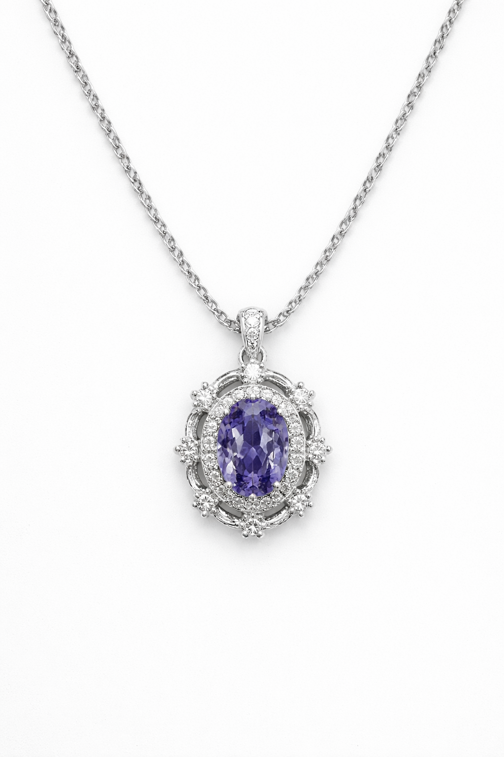 Vintage Oval Lavender Halo Pendant Necklace – 925 Sterling Silver