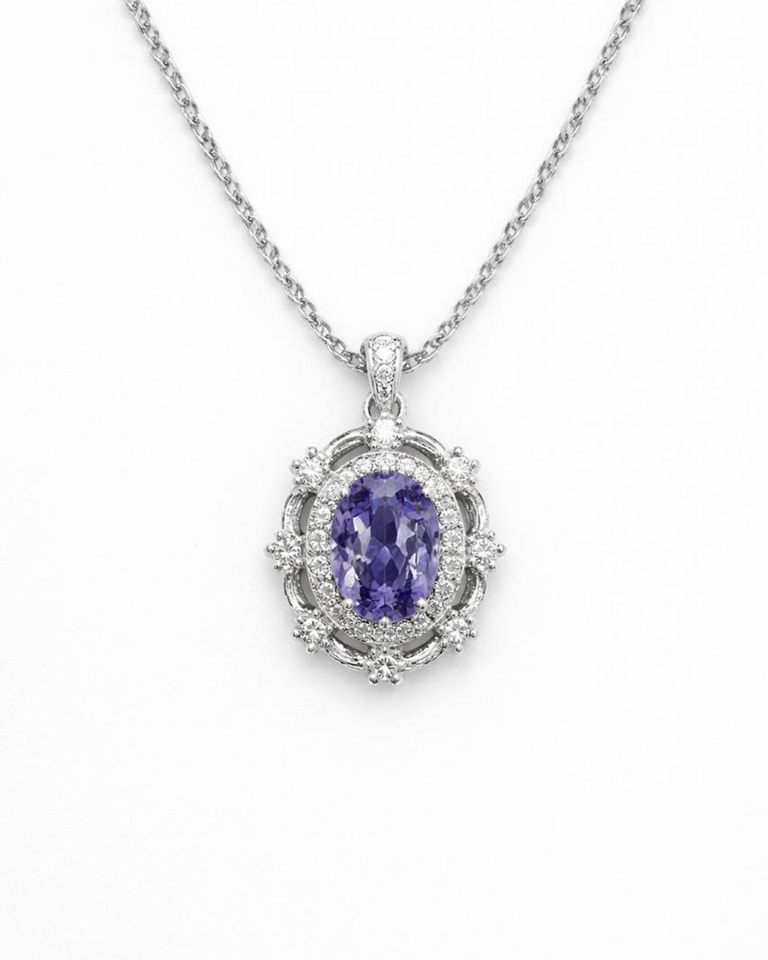 Vintage Oval Lavender Halo Pendant Necklace – 925 Sterling Silver