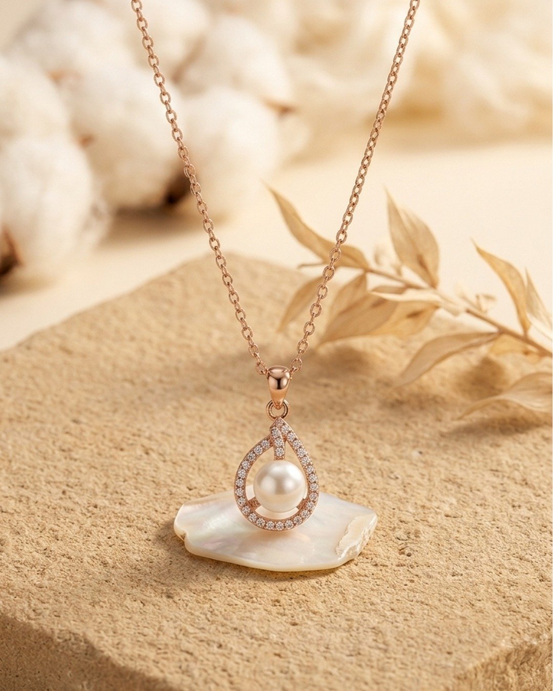 Pearl Drop Halo Pendant Necklace – 925 Sterling Silver