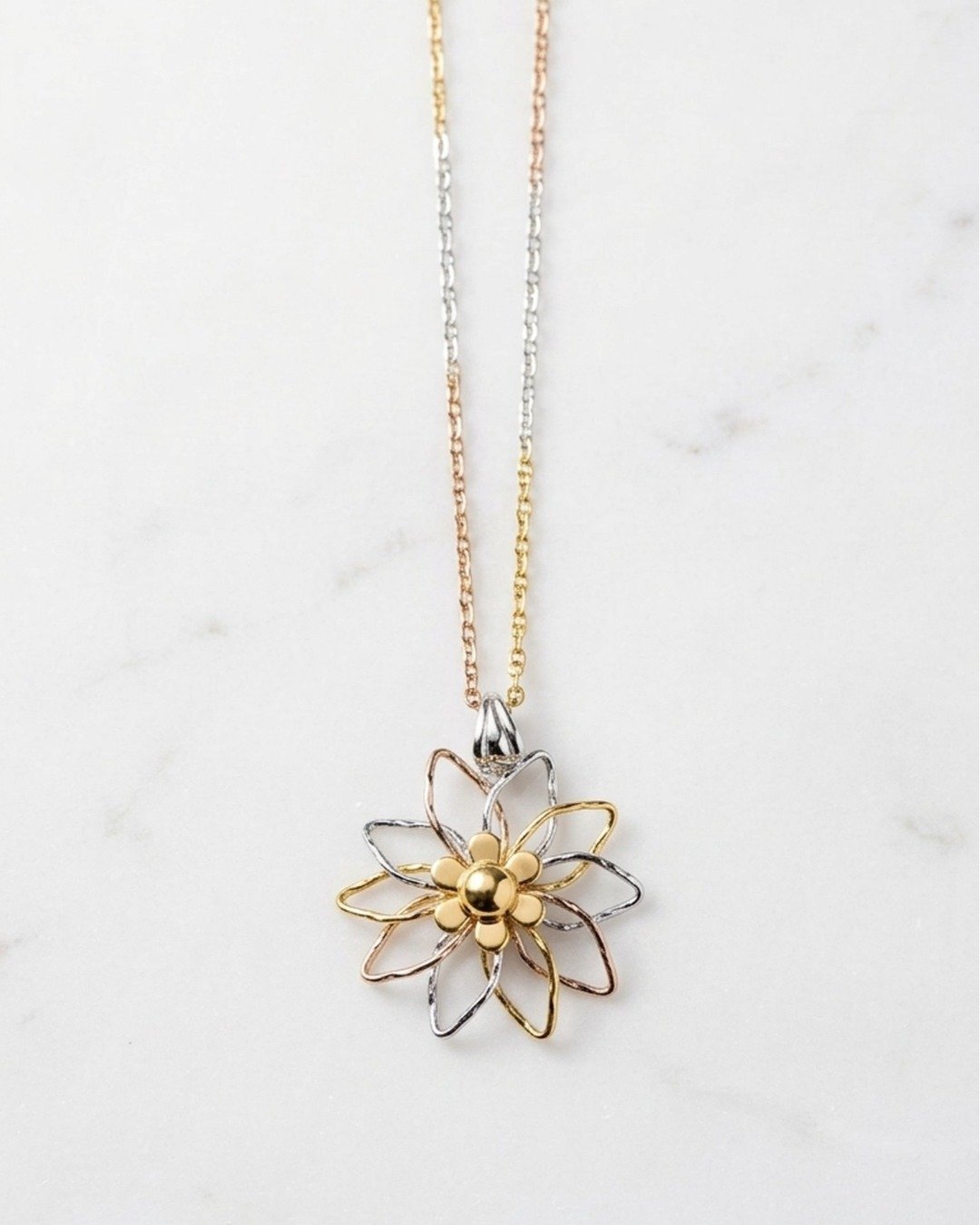 Tri-Tone Floral Bloom Pendant Necklace – 925 Sterling Silver