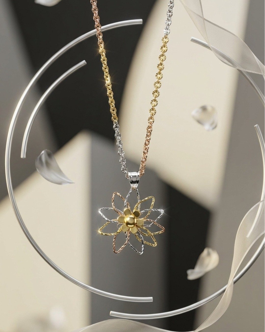 Premium Tri-Tone Floral Statement Pendant – 925 Sterling Silver — view 6