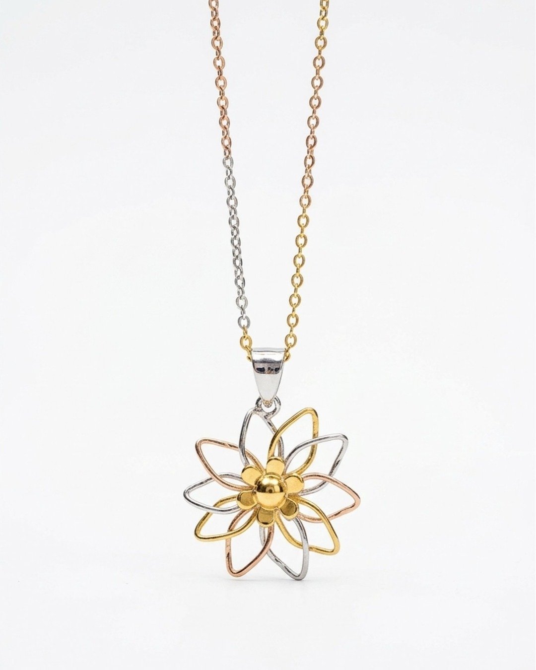 Elegant Tri-Tone Floral Pendant Necklace – 925 Sterling Silver