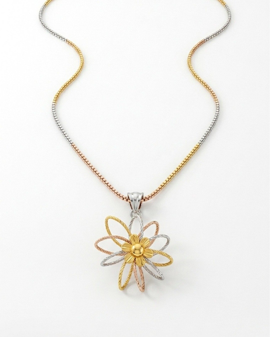 Classic Tri-Tone Floral Pendant Necklace – 925 Sterling Silver
