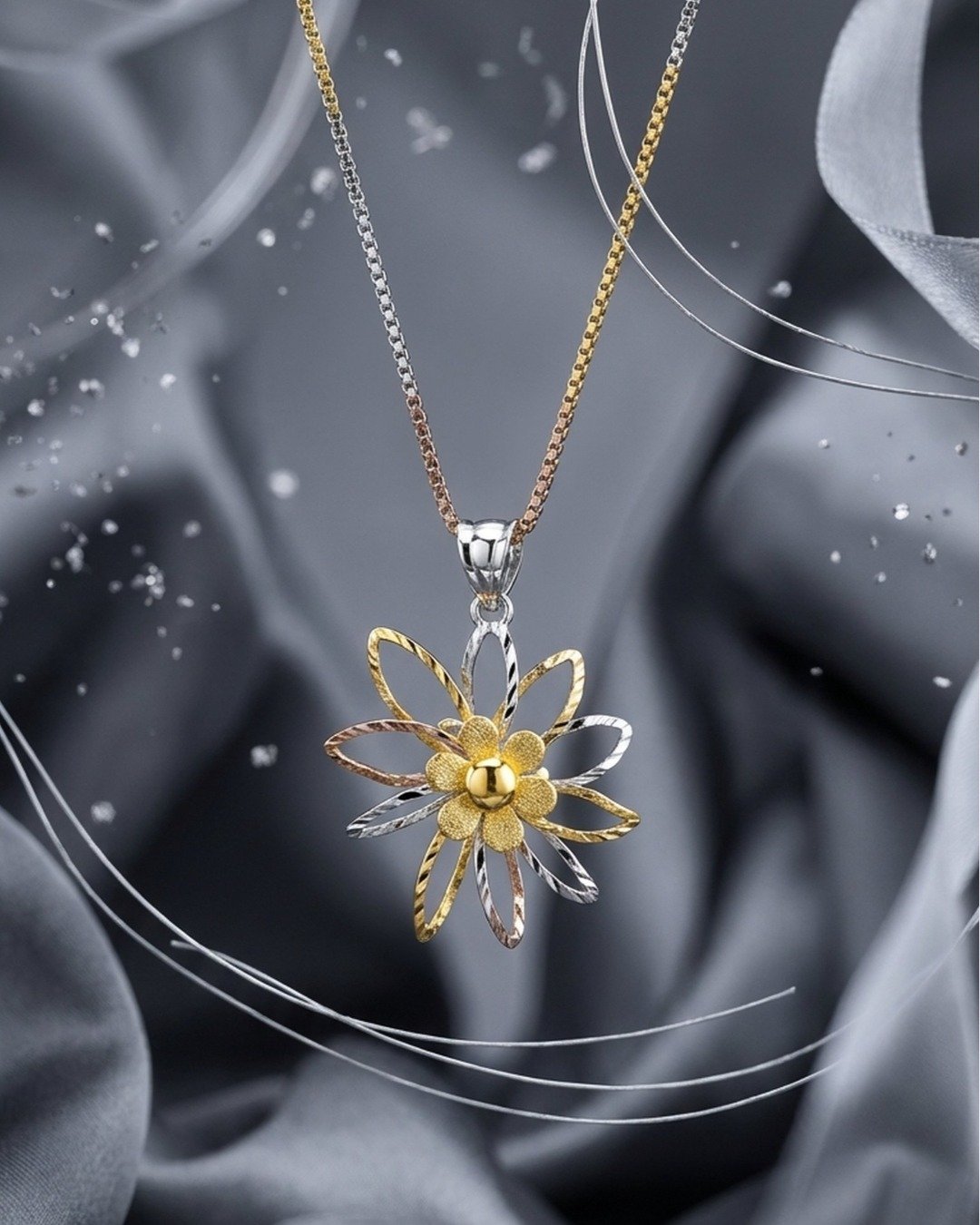 Classic Tri-Tone Floral Pendant Necklace – 925 Sterling Silver — view 5